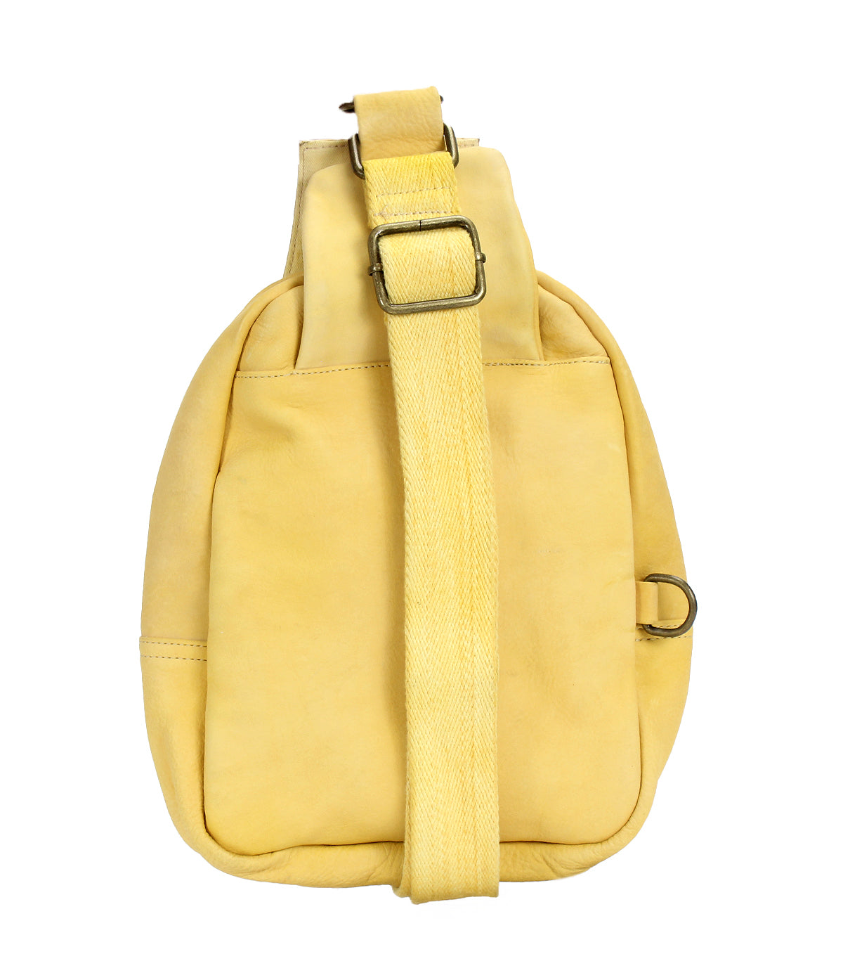 The Beau by Bed|Stü is a yellow leather sling bag featuring a wide adjustable strap, metal buckle, and front pocket, displayed against a white background. This compact backpack combines practical style with modern design, making it ideal for carrying your daily essentials.