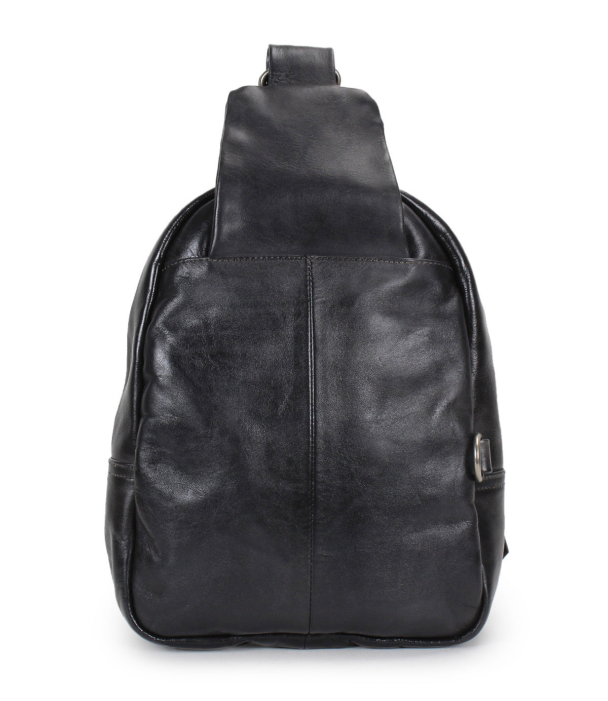The Bed|Stü Beau is a black leather sling backpack featuring a single wide strap, displayed front-facing against a white background; this compact design combines style and everyday functionality.