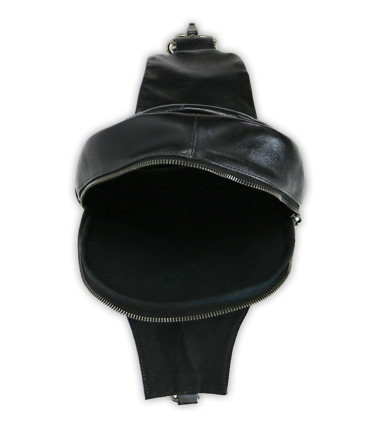 The Bed|Stü Beau is a black leather sling bag featuring a zippered main compartment, shown open from above to reveal its spacious, empty interior against a white background.