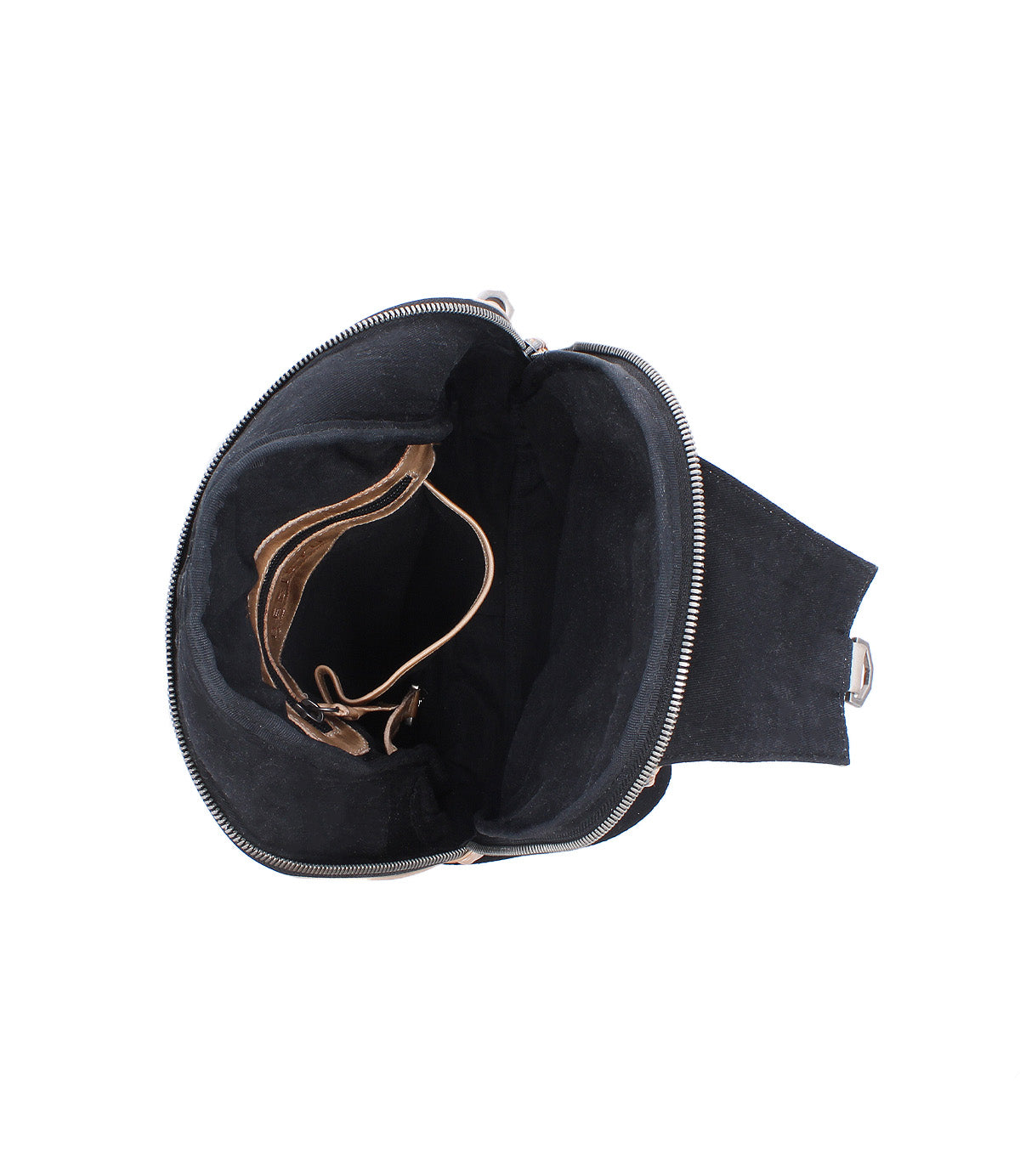 Top view of the Bed|Stü Beau sling bag in black leather, open to reveal a spacious interior with a small brown inner pocket and a zipper closure.