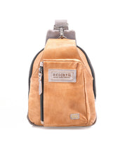 The Beau backpack by Bed|Stü is a compact tan leather sling with a front zipper pocket, signature "BED|STU" patch, and a single adjustable strap, shown against a white background.