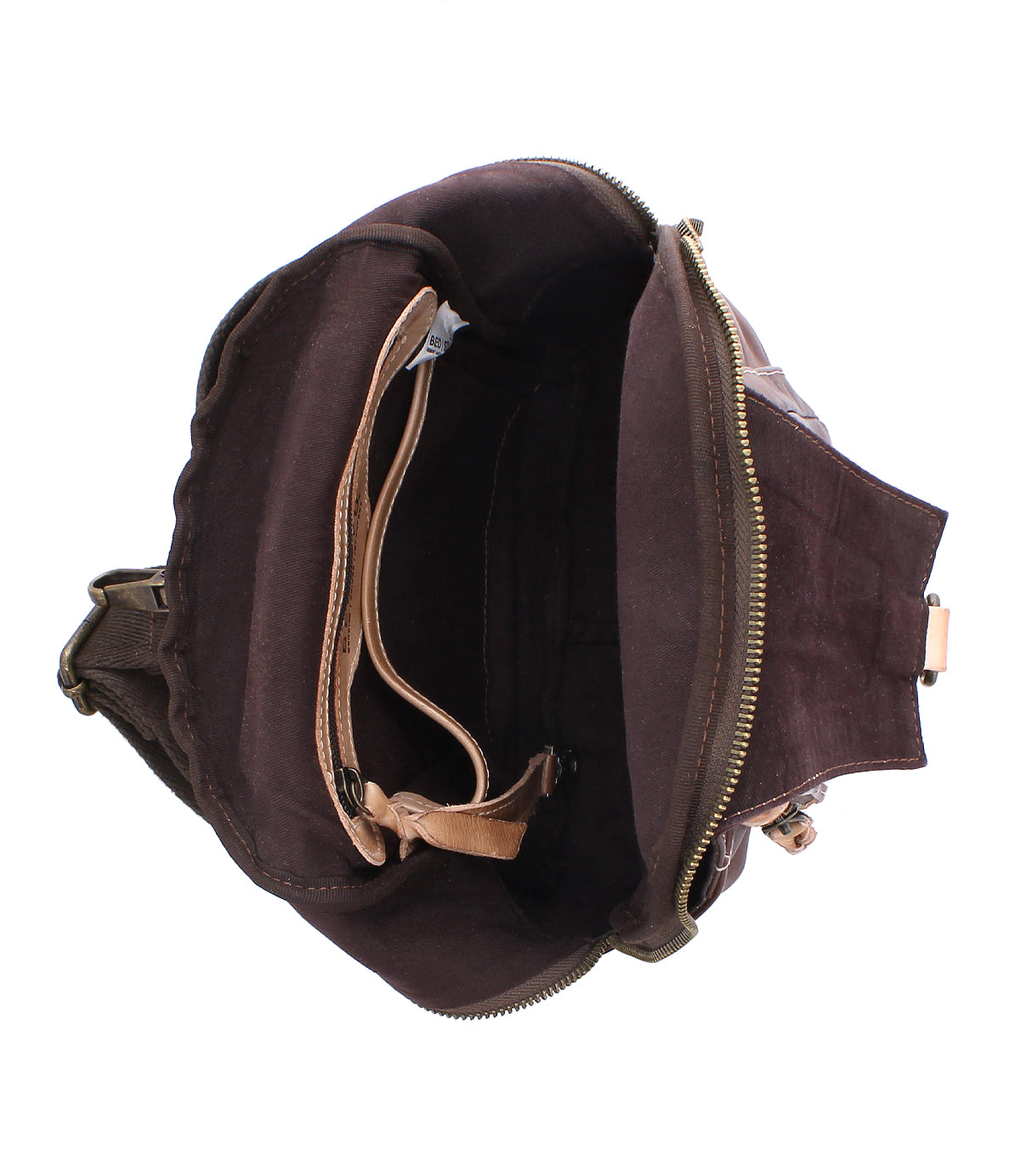 Top view of the Bed|Stü Beau brown leather sling bag, displaying its spacious main compartment, inner zippered pocket, and side pocket—all empty.