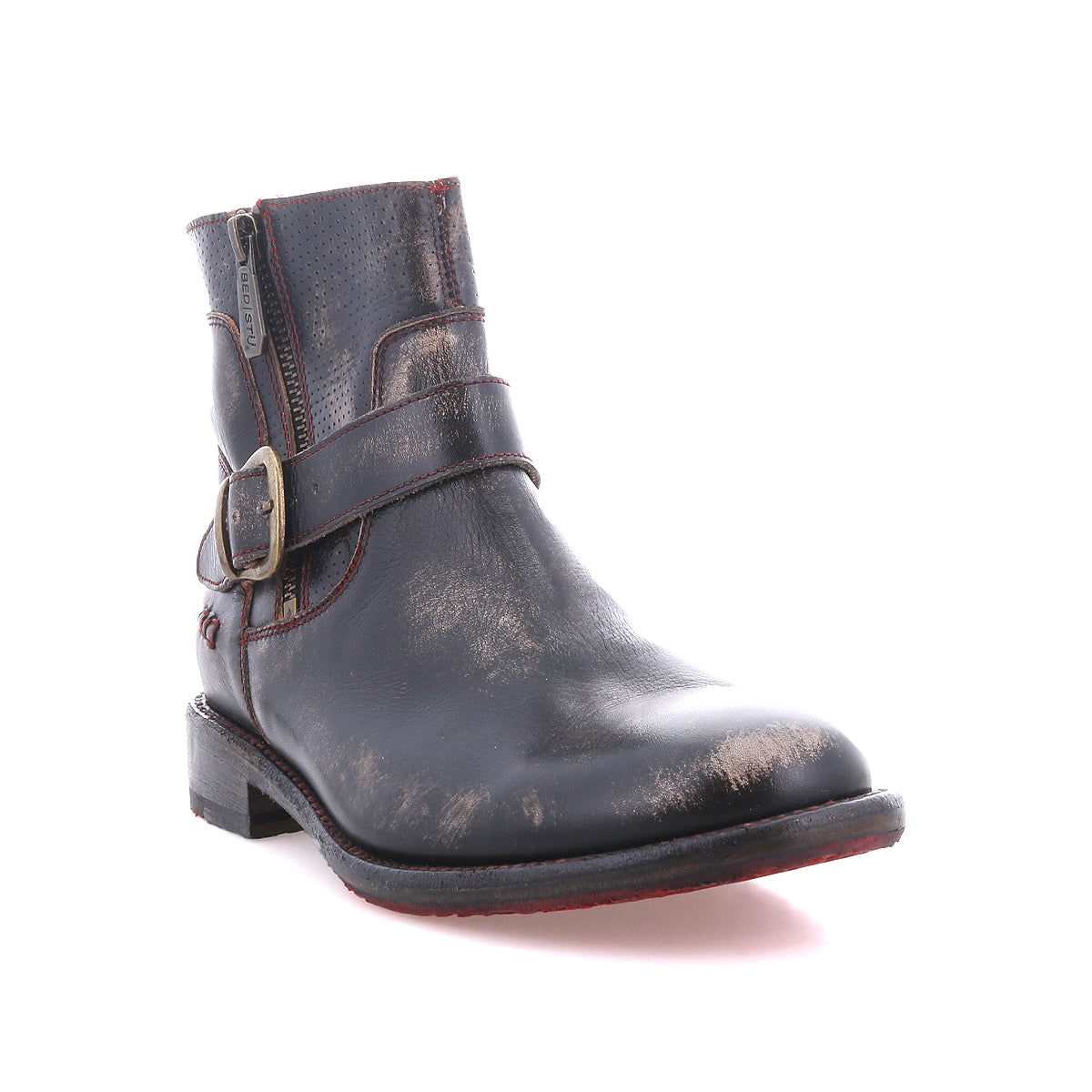 The Becca boot by Bed|Stü is displayed on a white background, featuring a single black leather design with a sturdy ankle buckle, side zipper, and a worn, distressed finish.