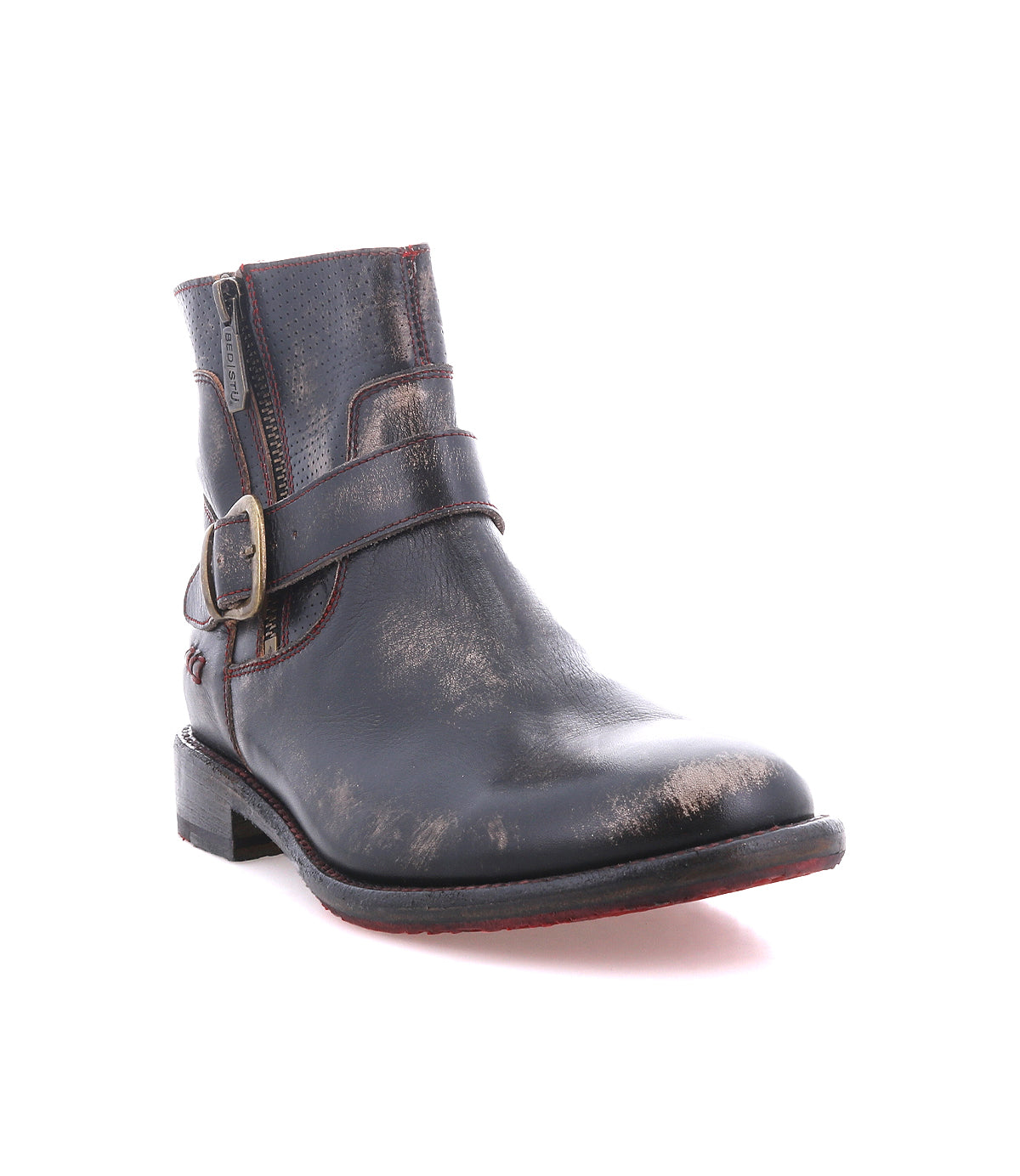 The Becca boot by Bed|Stü is displayed on a white background, featuring a single black leather design with a sturdy ankle buckle, side zipper, and a worn, distressed finish.