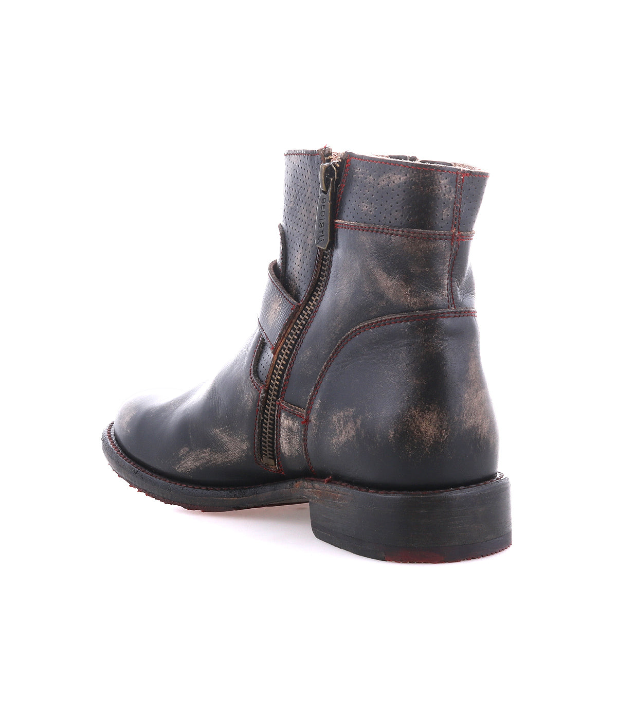 The Becca ankle boot by Bed|Stü is shown on a white background, featuring black distressed leather, a leather shaft, side zipper, red stitching details, and a low heel.