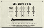 Belt sizing guide chart displaying waist sizes, belt sizes, and women’s sizes, with an illustration on how to measure your belt from buckle to third hole. Ideal for choosing your Bed|Stü Dreampath genuine leather belt, featuring a stylish octagon metal buckle.