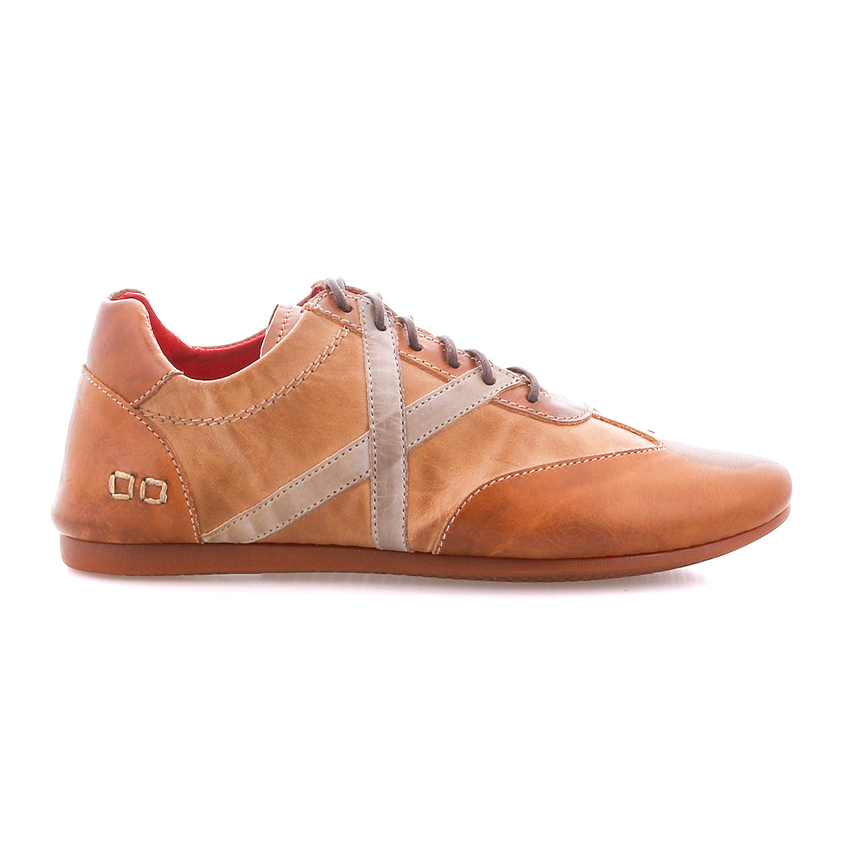 The Bingo II by Bed|Stü is a brown leather sneaker with beige accents, brown laces, and a flat sole featuring an EXTRALIGHT outsole for enhanced comfort, shown in side profile on a white background.