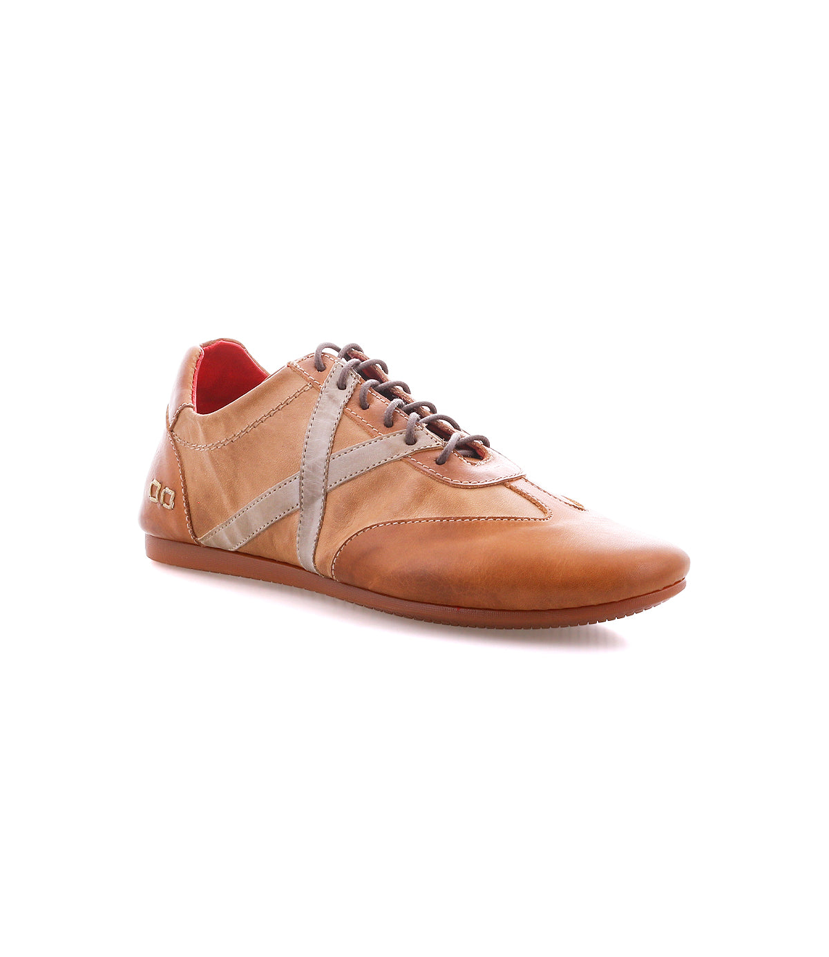The Bed|Stü Bingo II sneaker is crafted from brown leather with light tan and gray accents, red inner lining, and brown laces. It features Goodyear construction and an EXTRALIGHT outsole, shown here on a white background.