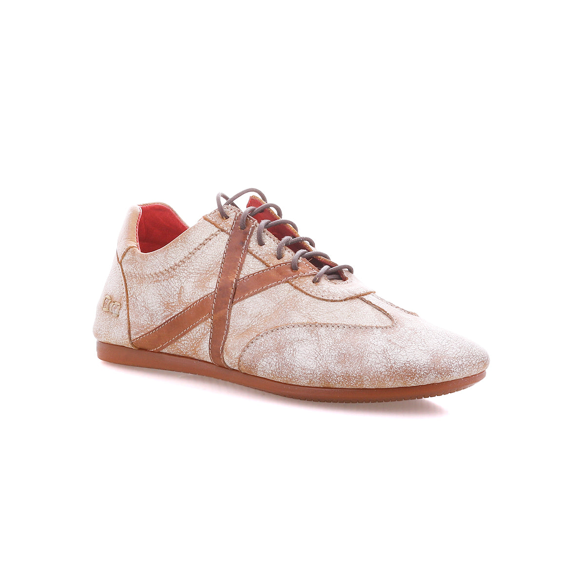 The Bingo II by Bed|Stü is a beige and brown casual leather sneaker featuring a lace-up front, low-profile EXTRALIGHT outsole, and red inner lining, displayed on a white background.