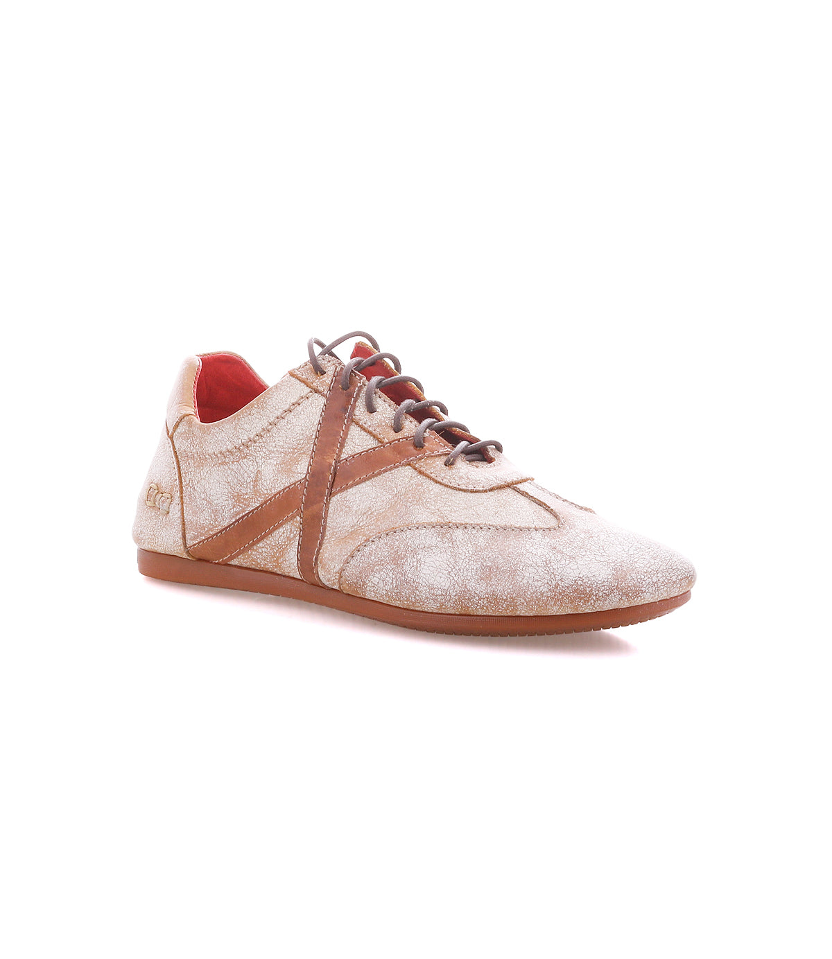 The Bingo II by Bed|Stü is a beige and brown casual leather sneaker featuring a lace-up front, low-profile EXTRALIGHT outsole, and red inner lining, displayed on a white background.
