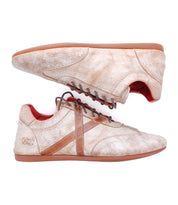 Introducing the Bed|Stü Bingo II: a pair of beige leather sneakers with brown soles and laces, featuring a textured surface and striking red interior lining. Displayed in both side and top-down views, these shoes are equipped with an EXTRALIGHT outsole for enhanced comfort and durability.