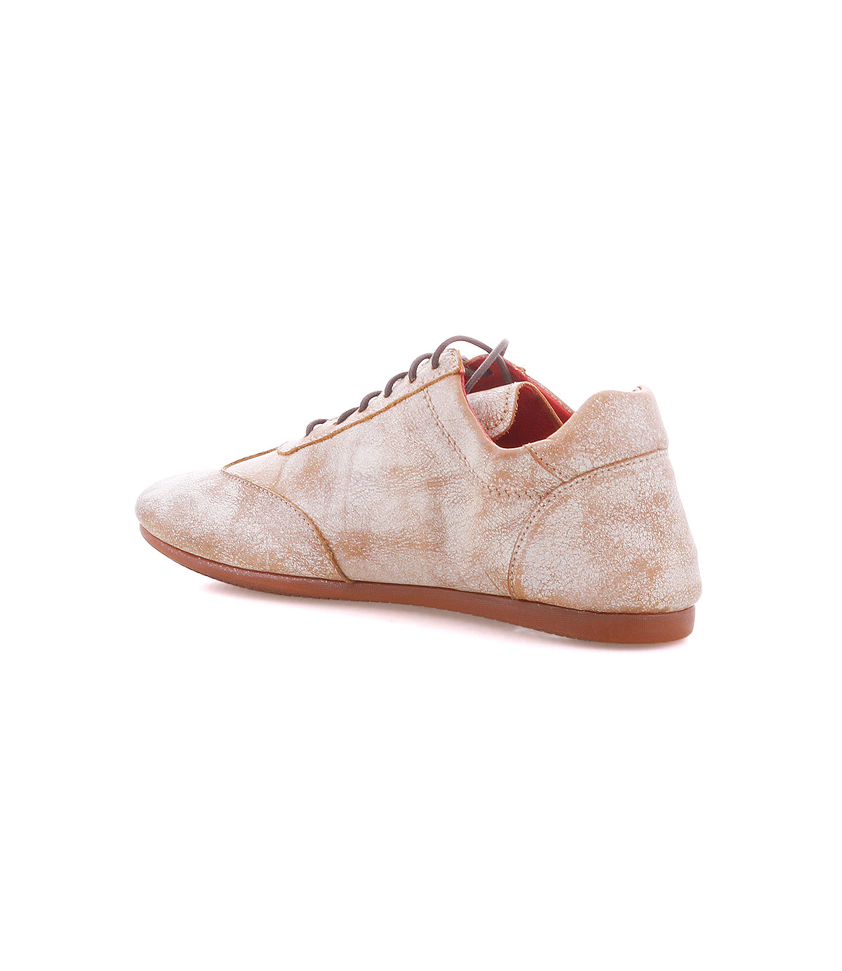The Bed|Stü Bingo II is a light brown suede leather sneaker featuring a subtle mottled pattern, brown laces, a low profile, and a flat EXTRALIGHT outsole, shown from a rear side angle on a white background.