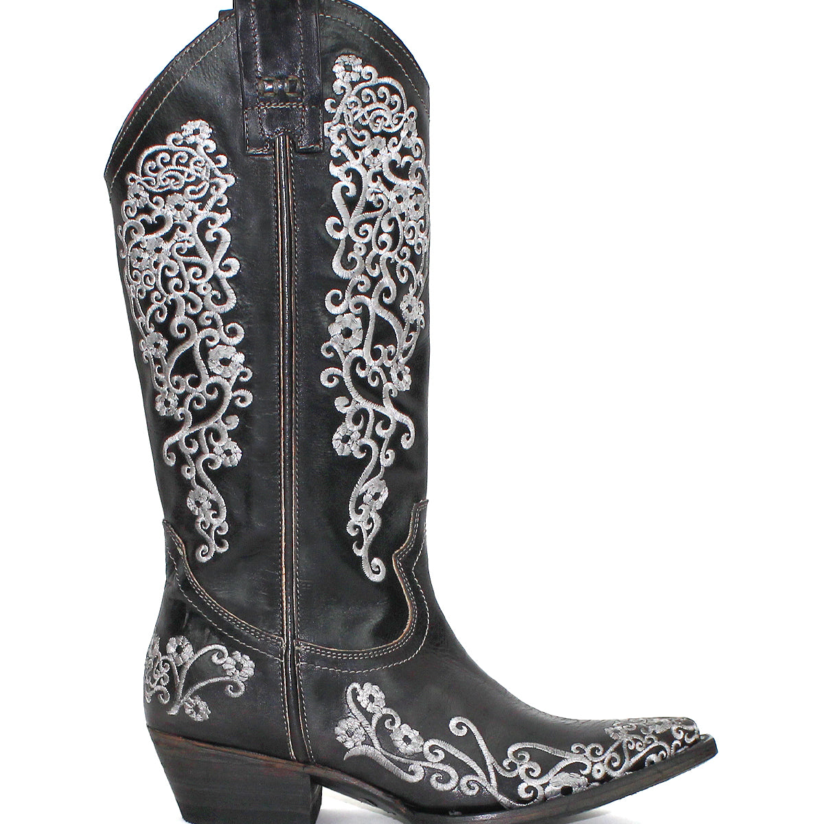 A single Bed|Stü Blackjack Western tall boot in black, featuring ornate white floral embroidery, a snip toe, and a stacked heel, displayed on a white background.