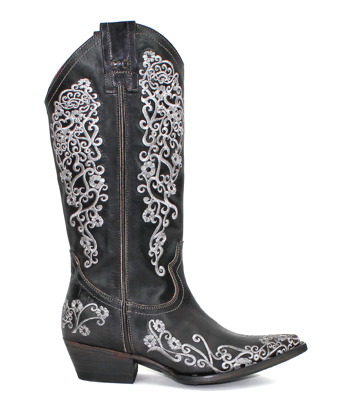 A single Bed|Stü Blackjack Western tall boot in black, featuring ornate white floral embroidery, a snip toe, and a stacked heel, displayed on a white background.