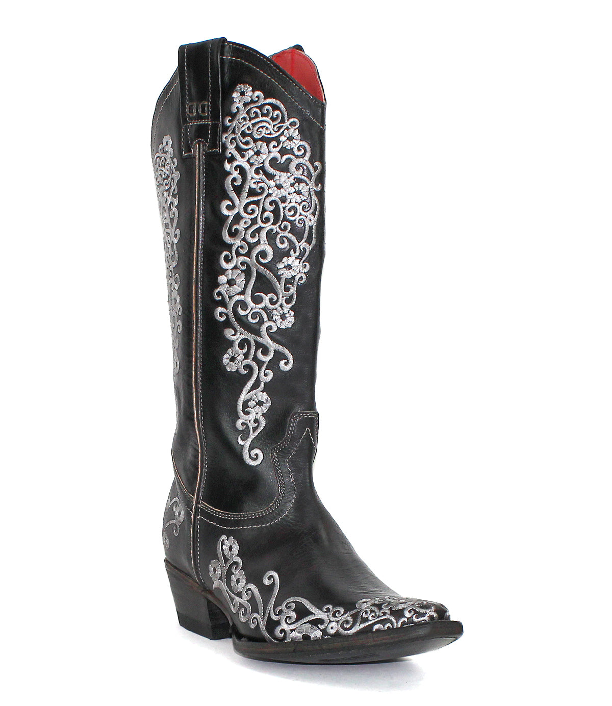 The Blackjack by Bed|Stü is a black leather Western tall boot with intricate white floral embroidery, a stylish snip toe, and a low heel, shown against a white background.