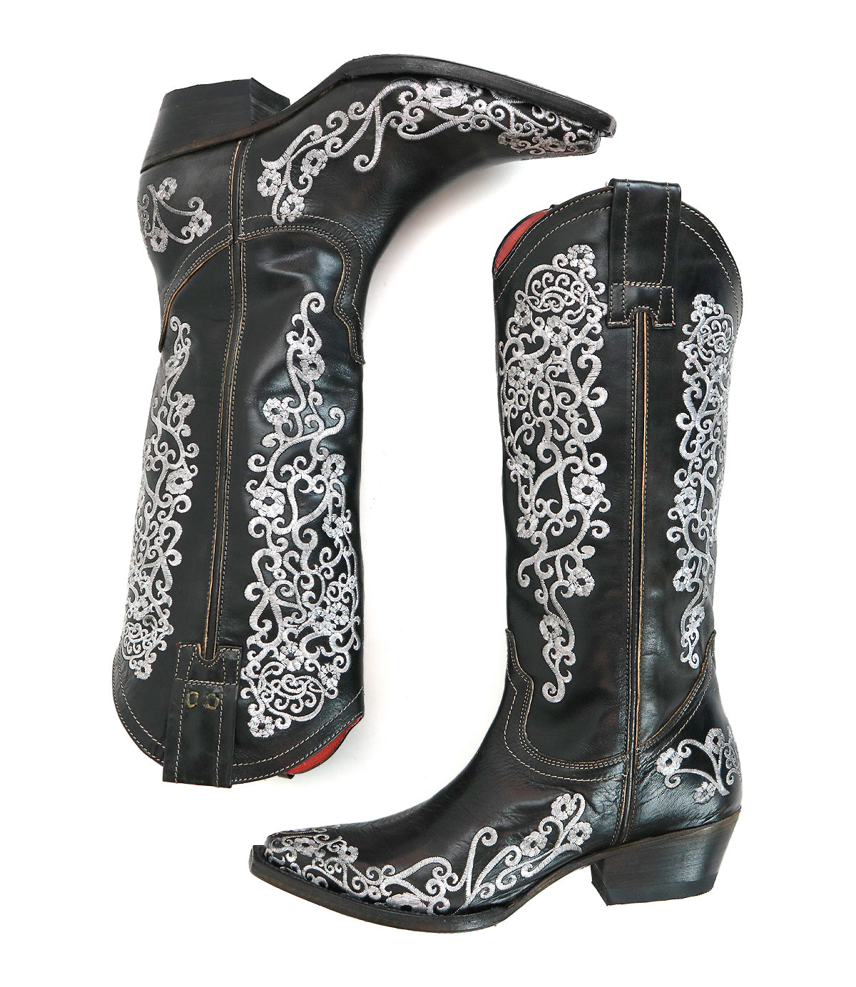 A pair of Bed|Stü Blackjack black Western tall boots featuring snip toes and decorative white floral embroidery patterns on the shaft and foot.
