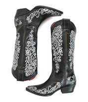 A pair of Bed|Stü Blackjack black Western tall boots featuring snip toes and decorative white floral embroidery patterns on the shaft and foot.