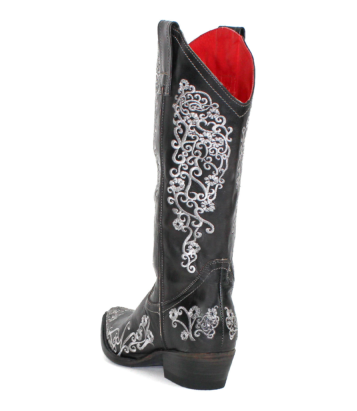 The Bed|Stü Blackjack boot is a black Western tall boot featuring white floral embroidery and a red interior lining, displayed from a rear side angle.