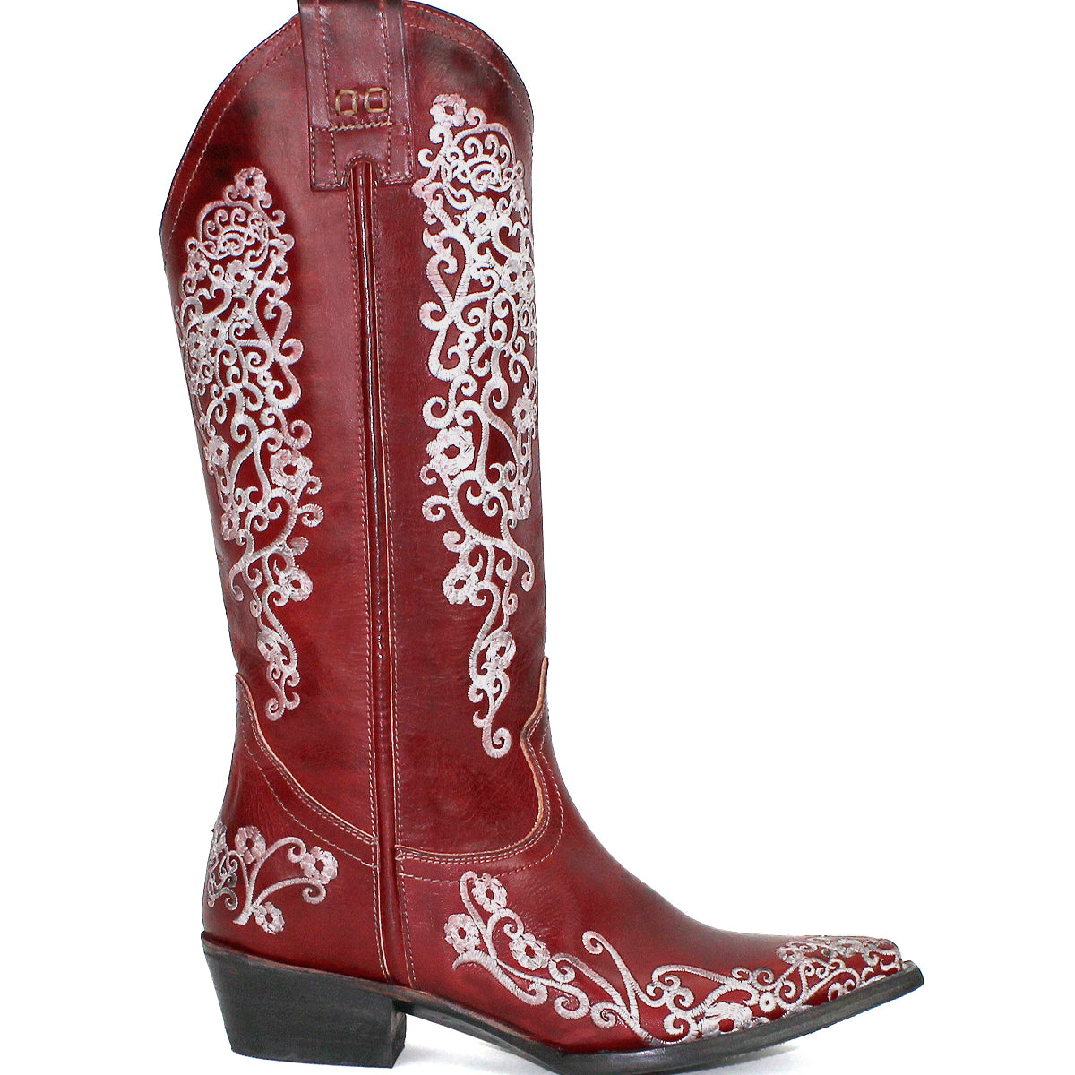 A single red "Blackjack" Western tall boot by Bed|Stü, featuring white floral embroidery, a low heel, and a snip toe, is shown against a white background.