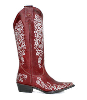 A single red "Blackjack" Western tall boot by Bed|Stü, featuring white floral embroidery, a low heel, and a snip toe, is shown against a white background.
