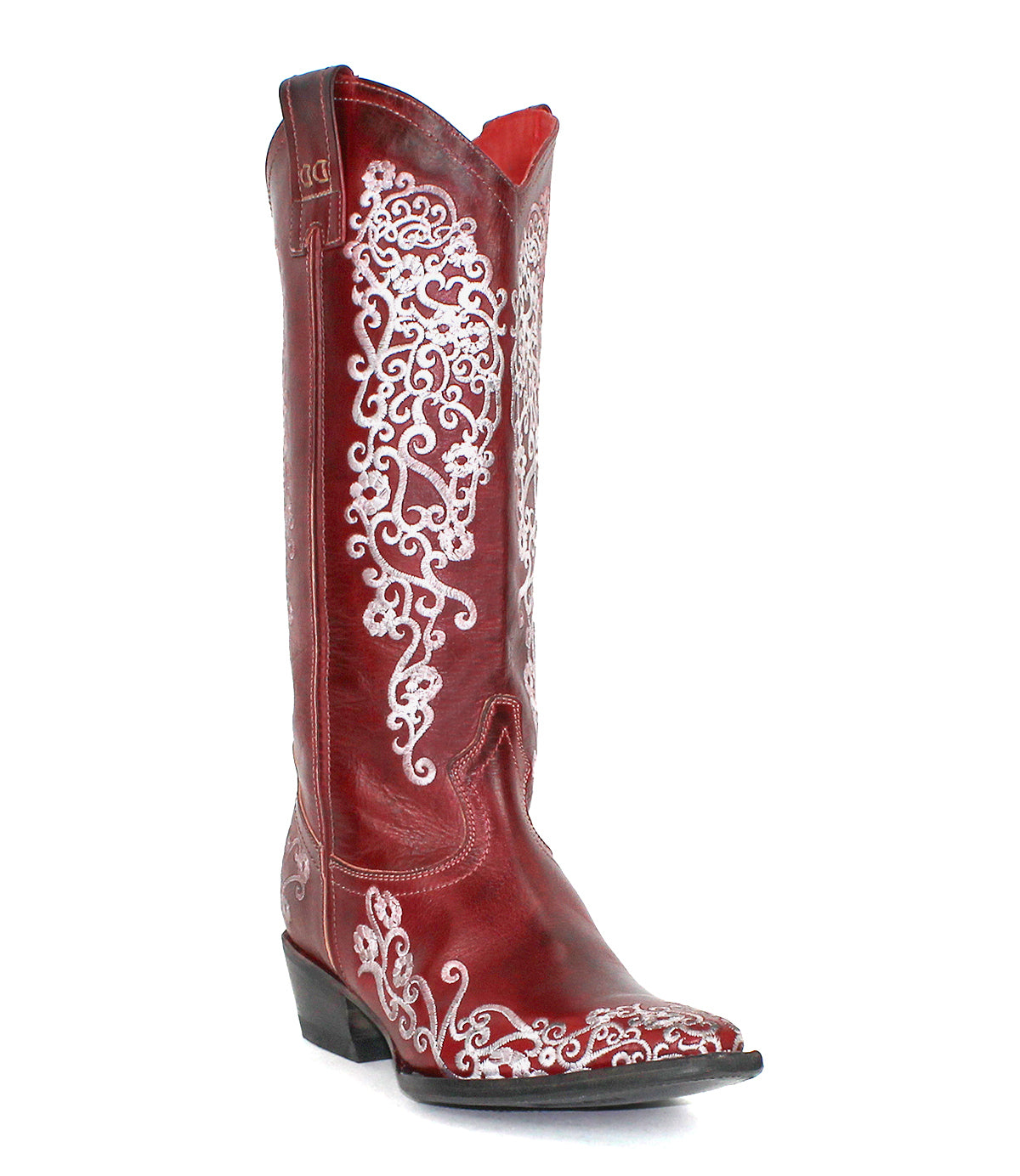 The Bed|Stü Blackjack is a red leather Western tall boot featuring white floral embroidery, a black heel, and a stylish snip toe, shown on a white background.