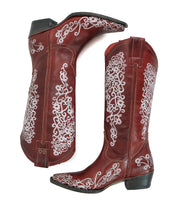 A pair of Bed|Stü Blackjack red leather Western tall boots with white floral embroidery and a snip toe, displayed from the side and bottom views against a white background.