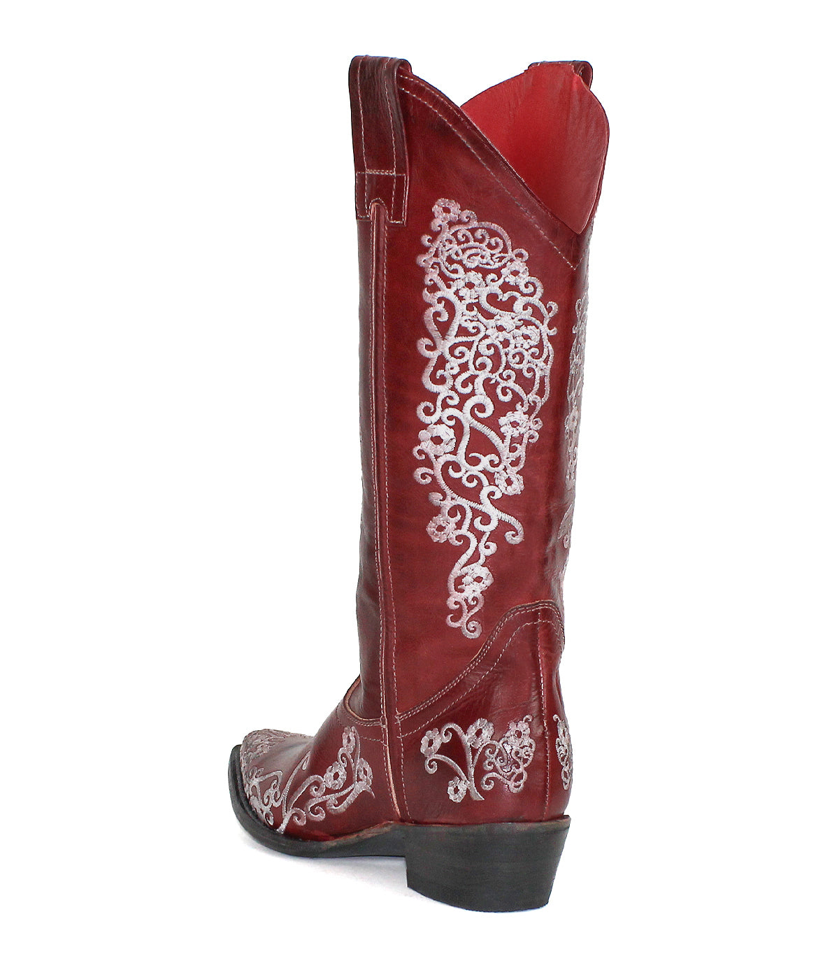 Bed|Stü's "Blackjack" boot in red leather features white floral embroidery, a low black heel, and a stylish snip toe, shown at a slight angle.