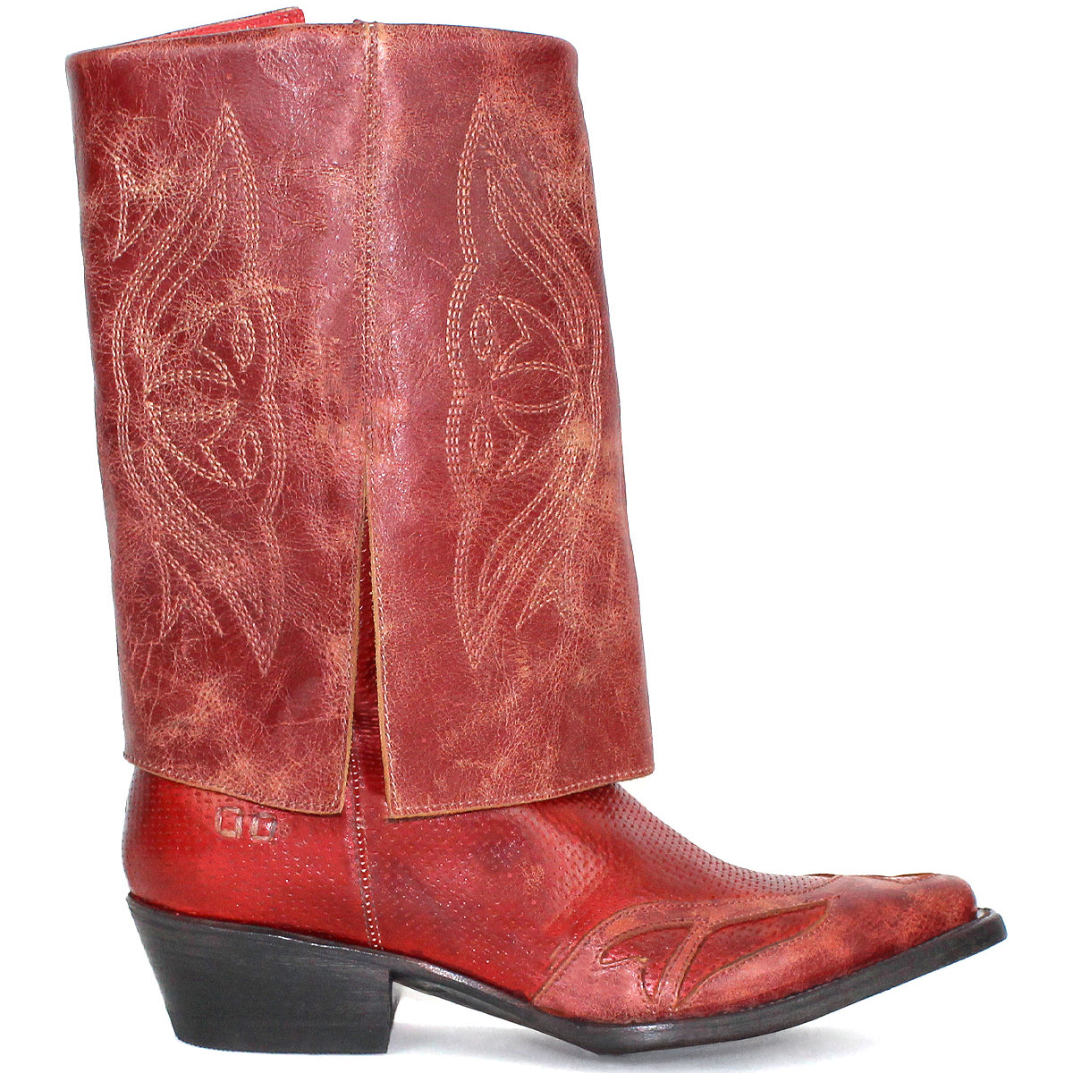 A single red Bed|Stü Blind handcrafted western boot with decorative stitching, an angled heel, and a pointed toe is shown against a white background.