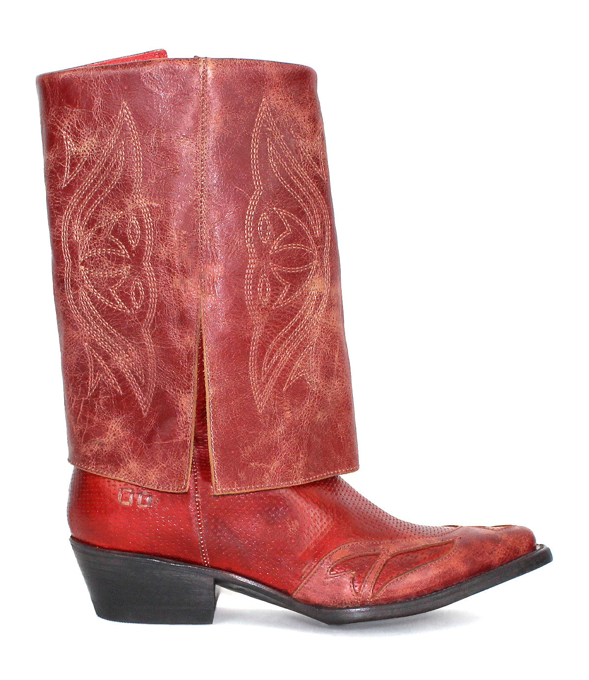 A single red Bed|Stü Blind handcrafted western boot with decorative stitching, an angled heel, and a pointed toe is shown against a white background.