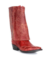A single Bed|Stü Blind handcrafted western boot made from red leather, featuring decorative stitching and a low heel, is shown against a white background.