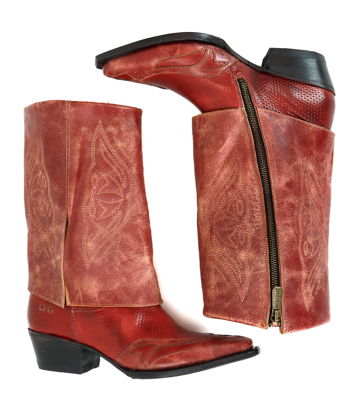Bed|Stü "Blind" handcrafted red leather cowboy boots with western stitching and a side zipper, displayed from the side and top view. These quality boots showcase Bed|Stü’s signature craftsmanship and striking design details.