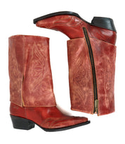 Bed|Stü "Blind" handcrafted red leather cowboy boots with western stitching and a side zipper, displayed from the side and top view. These quality boots showcase Bed|Stü’s signature craftsmanship and striking design details.