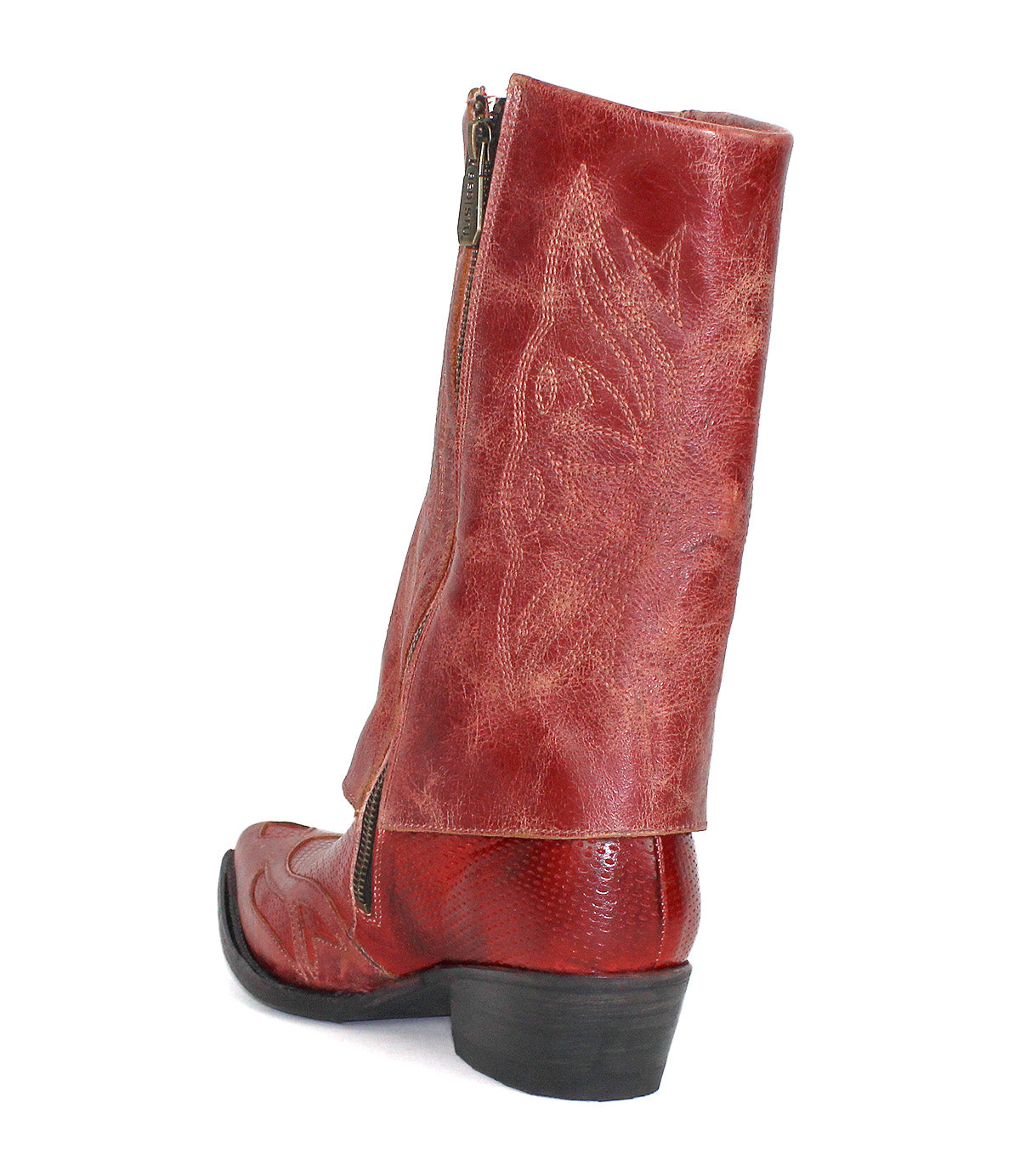 Blind by Bed|Stü: A red leather cowboy boot with side zipper, western embroidery, a short stacked heel, and a slightly pointed toe, displayed from a rear side angle on a white background. This handcrafted Blind boot by Bed|Stü showcases expertly designed details for lasting style and durability.