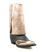 Sure! Here’s a revised sentence using your product data: The Bed|Stü "Blind" is a single handcrafted western boot featuring a tan shaft with decorative stitching, a black textured lower section, and a brown heel.