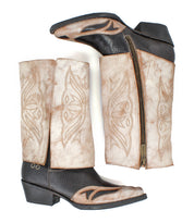 A pair of Blind boots by Bed|Stü, handcrafted with brown suede shafts adorned with embroidered patterns, black textured foot areas, easy-access zippers, and low heels.