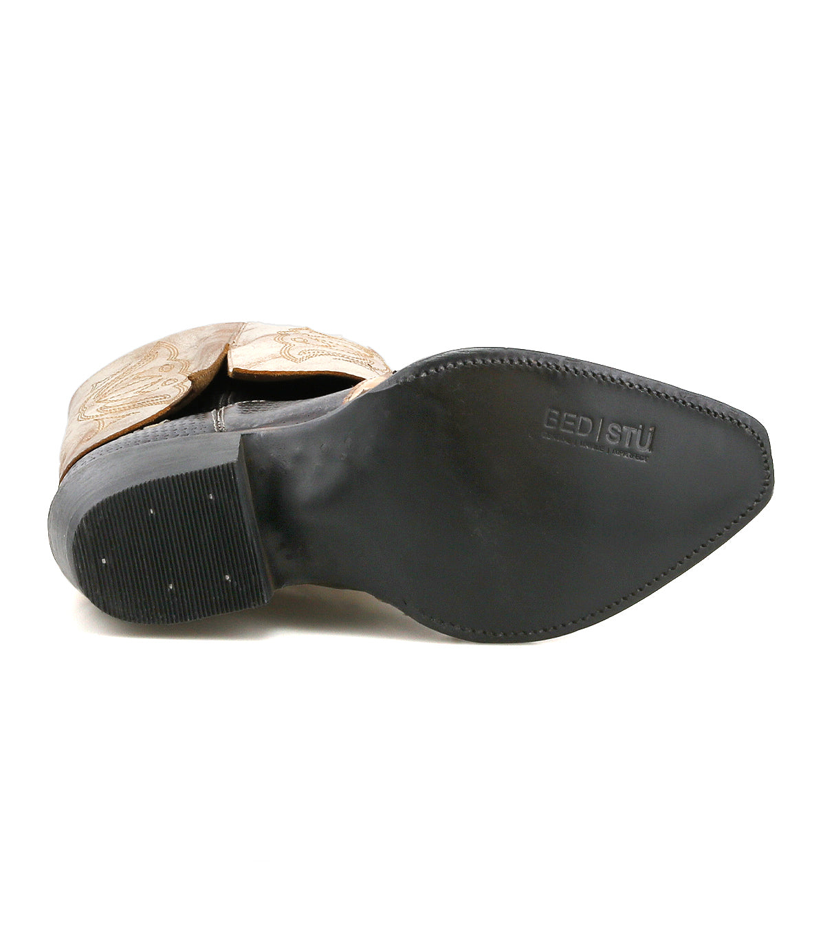 The underside of the Blind handcrafted western boot by Bed|Stü, featuring brown embroidery, a black sole, and "BED|STU" branding visible on the bottom.