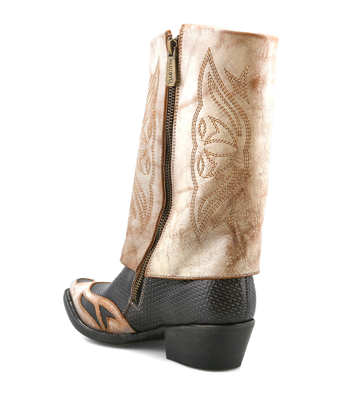The "Blind" boot by Bed|Stü is a two-tone, handcrafted western style with a side zipper, an embroidered shaft, and a black textured lower section, displayed from the rear angle.