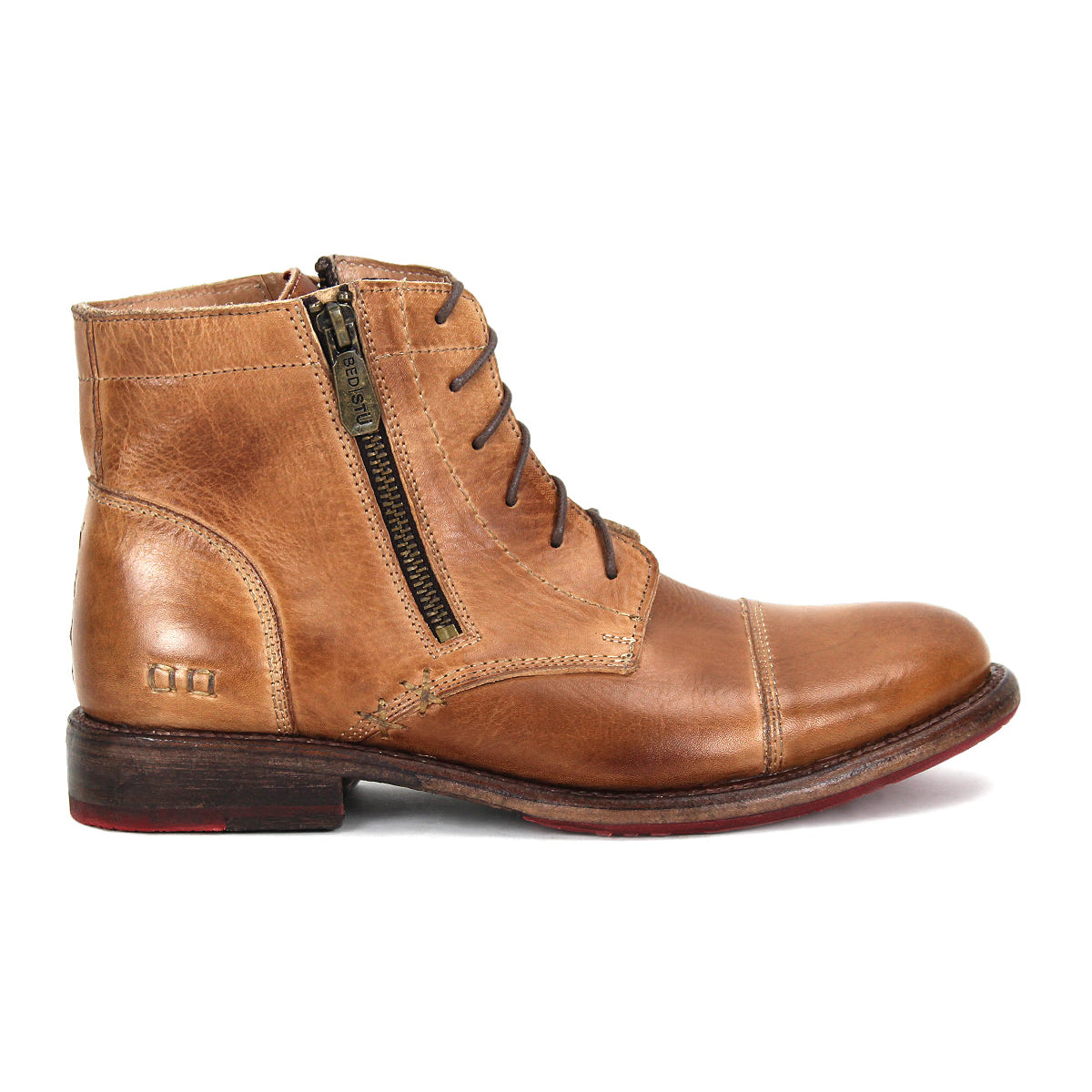 Bed|Stü's Bonnie II is a brown leather lace-up combat ankle boot featuring a cap toe, side zipper, decorative stitching, and a low wooden heel with a Goodyear-welted outsole; shown in profile facing left.
