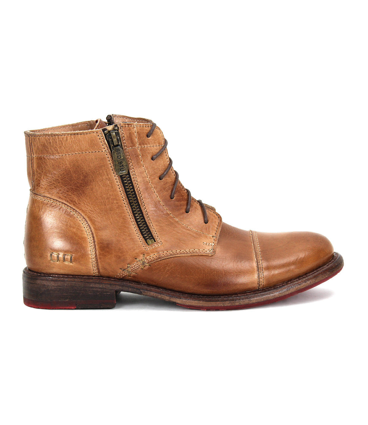 Bed|Stü's Bonnie II is a brown leather lace-up combat ankle boot featuring a cap toe, side zipper, decorative stitching, and a low wooden heel with a Goodyear-welted outsole; shown in profile facing left.