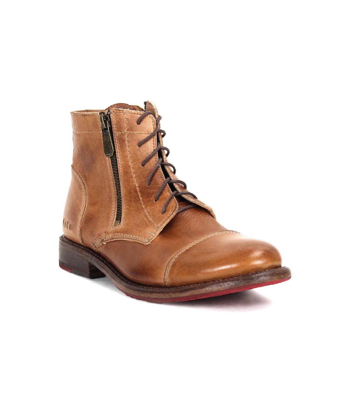 The Bed|Stü Bonnie II is a brown leather lace-up combat ankle boot, featuring a side zipper, visible stitching, and a low heel with a durable Goodyear-welted outsole, shown against a white background.