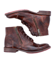 The Bed|Stü Bonnie II boots are a pair of brown leather combat ankle boots featuring a cap toe design, lace-up fronts, side zippers, Goodyear-welted outsoles, and worn detailing, shown from the side on a white background.