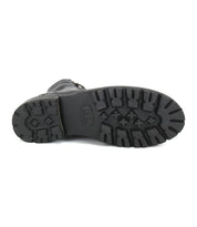 The image displays the sole of the Bed|Stü Bonnie IV black leather combat boot, featuring a rugged tread pattern, as seen from the bottom against a white background.