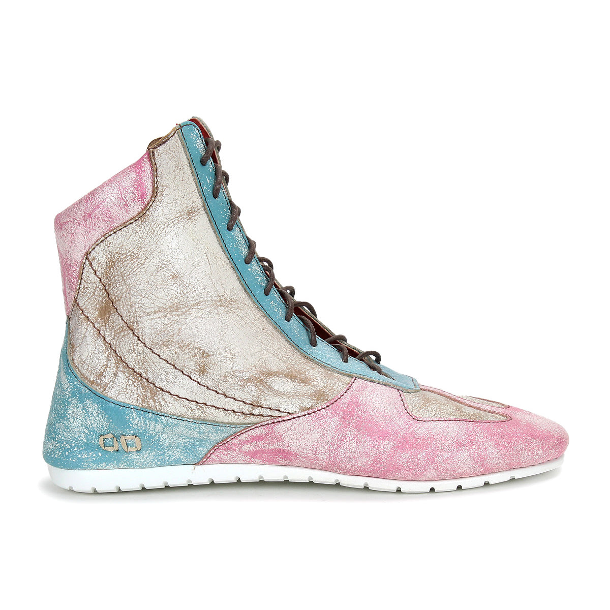 Breath by Bed|Stü is a high-top leather sneaker featuring multi-tone panels in faded pink, light blue, and beige, accented with dark brown laces, a crisp white sole, and metallic logo detail near the heel—perfect statement sneakers for any retro court-inspired look.