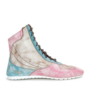 Breath by Bed|Stü is a high-top leather sneaker featuring multi-tone panels in faded pink, light blue, and beige, accented with dark brown laces, a crisp white sole, and metallic logo detail near the heel—perfect statement sneakers for any retro court-inspired look.
