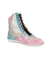 Introducing the Bed|Stü Breath high-top sneakers: crafted from multi-tone leather in pink, blue, and beige panels with a distressed finish. Featuring black laces and a white flat sole, these statement shoes blend retro court style with modern flair.