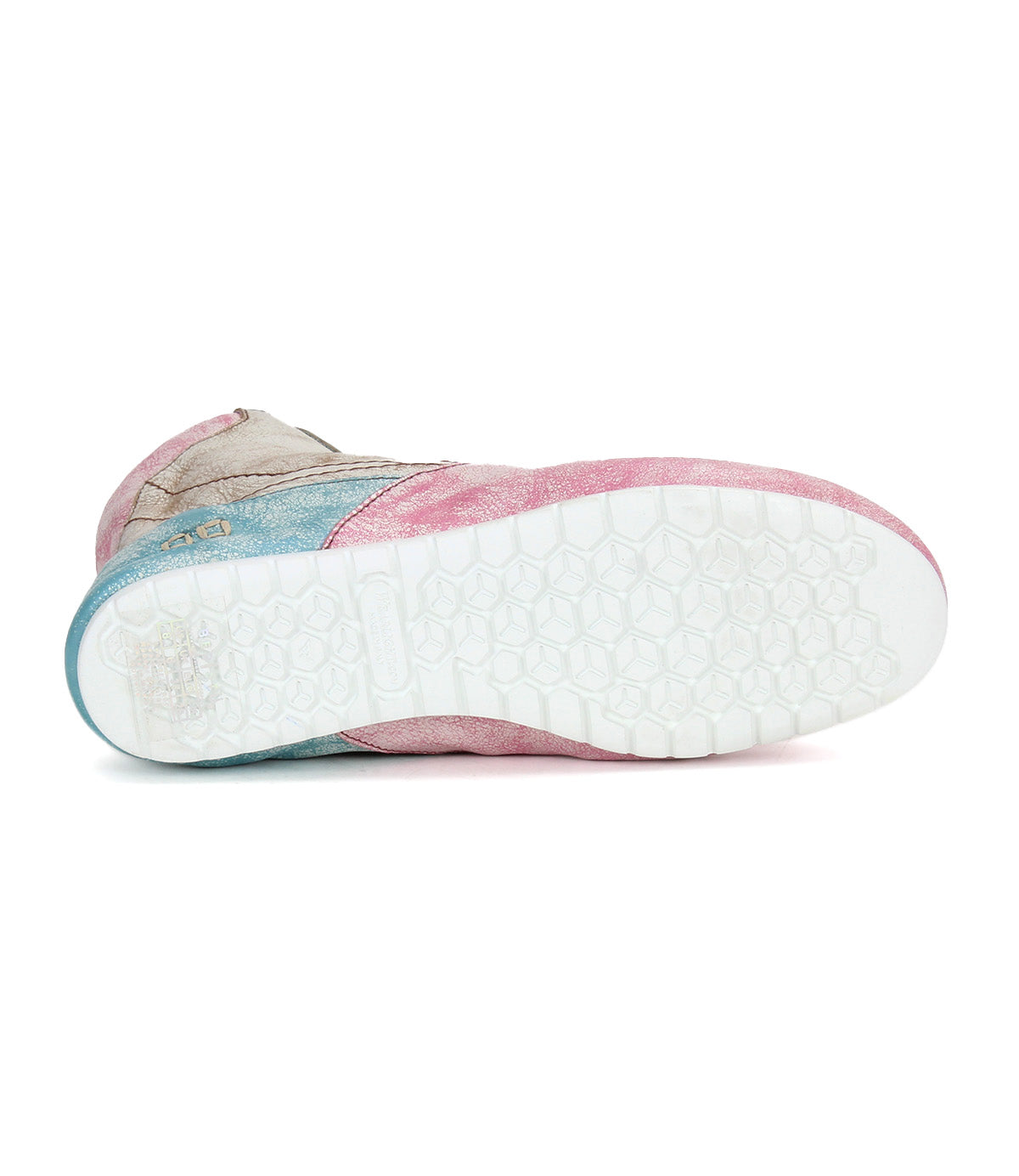 A bottom-up view of the Bed|Stü Breath sneaker showcases its white hexagonal-patterned sole and vibrant multicolored upper in blue, pink, and beige tones—these retro court sneakers stand out with their distinctive combination of style and nostalgia.