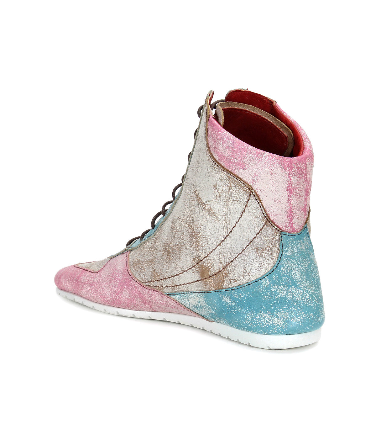 Introducing the Bed|Stü Breath—a high-top statement sneaker featuring a blend of pink, blue, and metallic silver hues, complemented by dark laces and a crisp white sole, shown from a rear side angle.