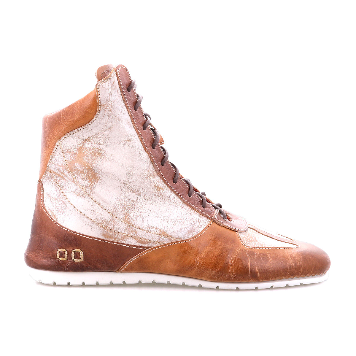 Introducing Breath by Bed|Stü—a high-top, multi-tone leather sneaker featuring rich brown and metallic silver panels, a lace-up front, crisp white sole, and eye-catching metal studs near the heel. Ideal for anyone looking to make a statement with sneakers that channel a retro court-inspired vibe.