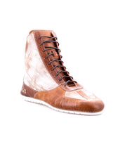 A single Bed|Stü Breath high-top sneaker in brown and white multi-tone leather with black laces, viewed at an angle on a white background.