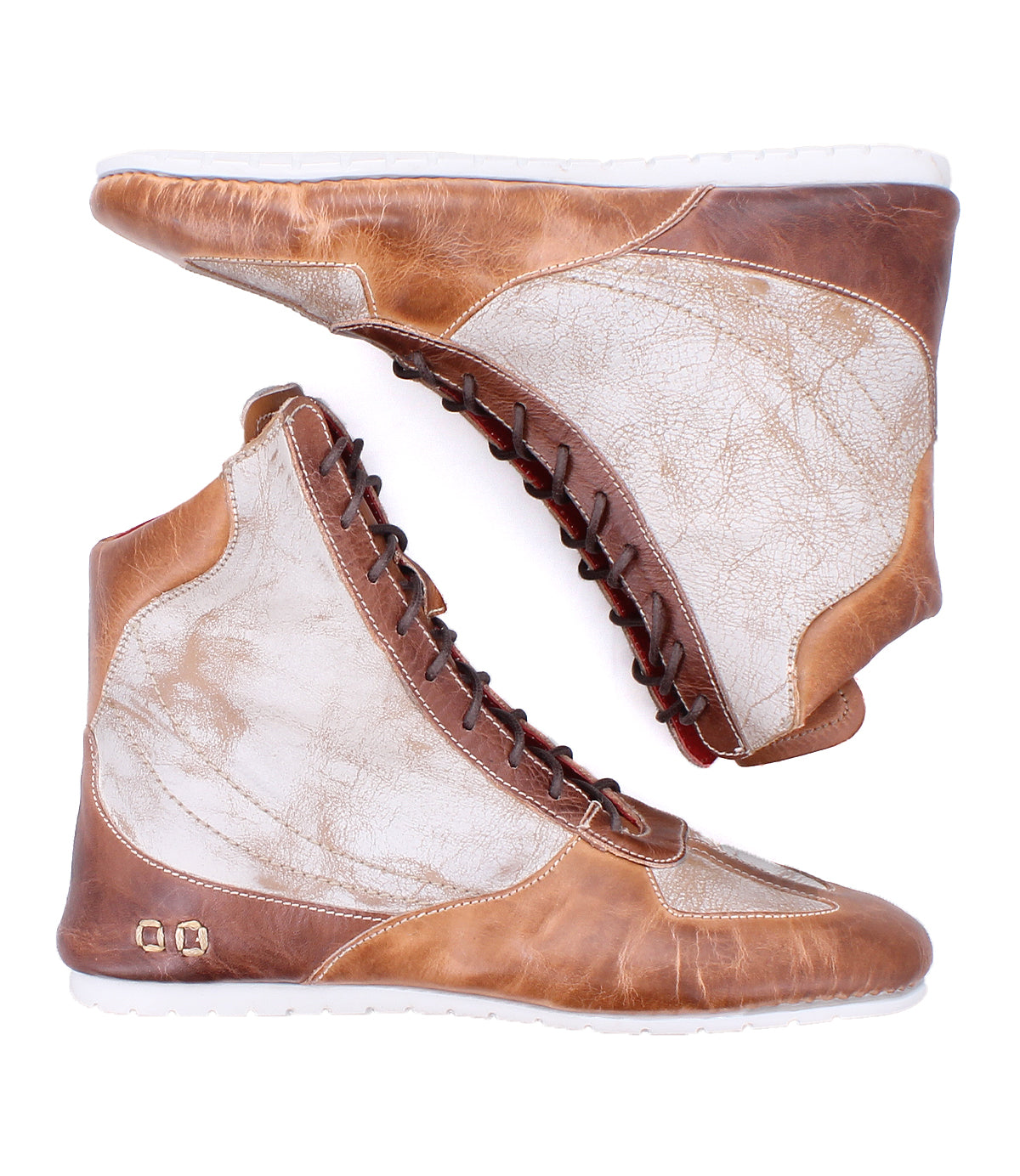 A pair of Bed|Stü "Breath" sneakers in brown and white multi-tone leather, placed side by side against a white background.